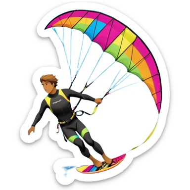 A vibrant kite soaring high in the sky, attached to a kiteboarder riding the waves below. The scene is filled with bright colors, capturing the energy of the sport. The background features the ocean, wind-blown waves, and a clear sky, showcasing the excitement and freedom of kiting. sticker