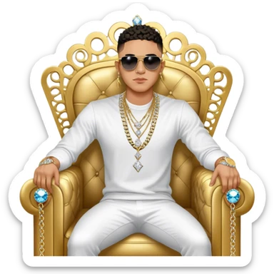 Celebrity millionaire entrepreneur Josh King Madrid, designer fit, 3 diamond sparkling tennis chains, seated on a massive gold throne, sunglasses on, lightskin tan tone, diamond sparkle earrings, private jet behind him sticker