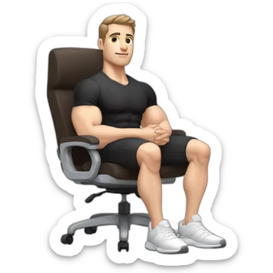 Pale skinned Fit Man With the biceps and dark brown hair in black shirt, gray sports shorts and white Sneakers Sitting on a chair sticker