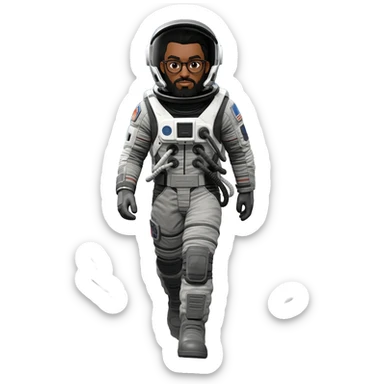 astronaut rogue one star wars moon on back with helmet walking space brown skin, black eyes, glasses and beard  black hair show body sticker