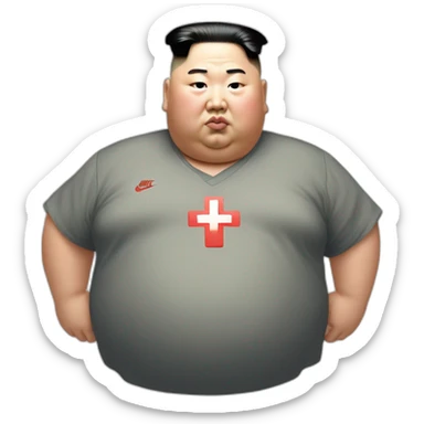 super fat Kim jong un wear shirt with a white cross which is NIKE LOGO sticker