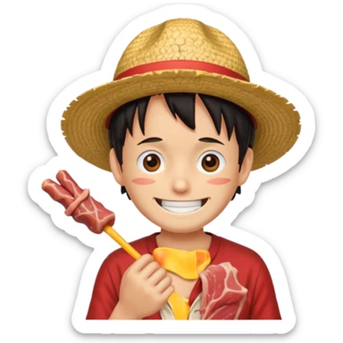 An emoji of luffy in a straw hat in one piece eating meat and laughing.  sticker