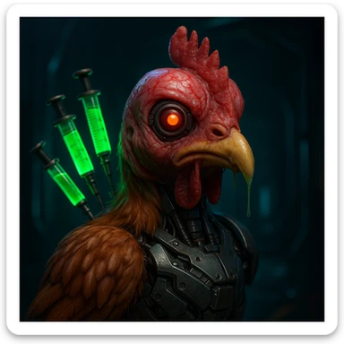 hyperrealistic mutant chicken emoji with fleshy red head and veins, one cyborg eye, deformed beak with slime, body half feathers and half mechanical, glowing green hormone syringes in neck, dark neon-accented sci-fi atmosphere sticker