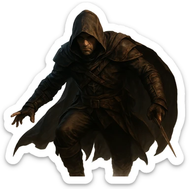 a man wearing assassin's clothing, mysterious hood, stealthy, dramatic pose, fantasy style, detailed, cinematic lighting sticker