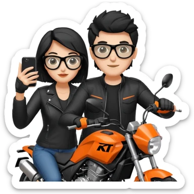 una pareja montada en una moto, cierto que el muchacho sea un morenito que vaya manejando su moto con su casco y la muchacha que sea blanca, o sea de la mujer que sea blanca, pelo negro con gafas y vaya tomándose una selfie, van los dos montados en la moto la moto es KTM DUKE NG200 sticker