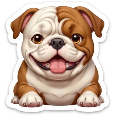 Cinematic Cute Yawning Brown and White English Bulldog Portrait Emoji, Head tilted slightly with a dramatic, wide-open yawn, showcasing a smooth brown and white coat with a defined pattern, floppy ears slightly drooping, round brown eyes barely open in drowsy contentment, Simplified yet irresistibly adorable features, highly detailed, glowing with a soft, cozy glow, high shine, relaxed yet expressive, stylized with a touch of whimsy, bright and endearing, soft glowing outline, capturing the essence of a sleepy yet affectionate guardian, so drowsy it feels like it could stretch out of the screen and curl up for a nap! sticker