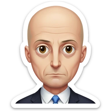 Steven Miller, Trump advisor, bald, very grim expression, very narrow face, pronounced sagging eyelids on the outer sides, bottom lip sticking out sticker
