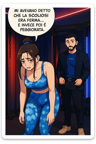 fai questa immagine in versione fumetto/manga/webtoon a colori, il manga mostra la donna disperata con un fumetto sulla testa che dice:
Mi avevano detto che la scoliosi era ferma… e invece poi è peggiorata.
 sticker