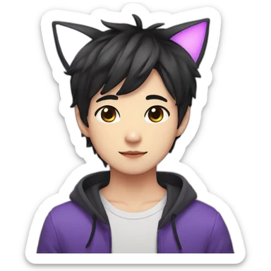 Cute japanese boy with cat ears, black medium hair and purple eyes sticker