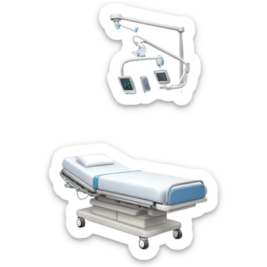 Hospital sleep laboratory with hospital bed, sleep monitoring equipment, medical staff, EEG monitors, and hospital room features sticker