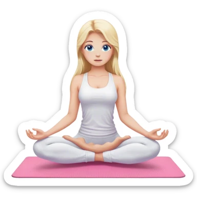 Cinematic realistic blonde with long hair and blue eyes, dressed in a white top and leggings, does yoga on a pink mat sticker