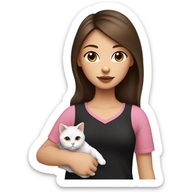 Medium light Girl with long dark brown hair hazel eyes and having pink lips wearing cute black shirt bringing two cat : white cat and calico cat sticker