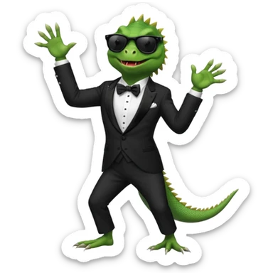 capitalist iguana in tuxedo with black sunglasses dancing sticker