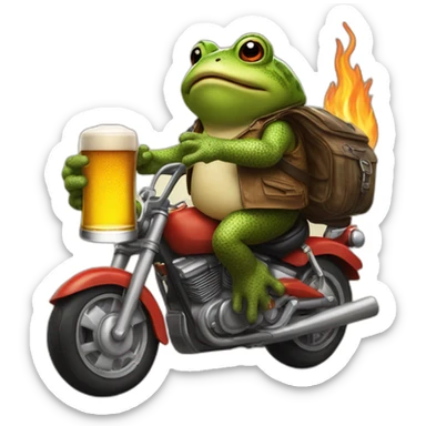 Toad in a motorbike with a beer in hand an fire souround sticker
