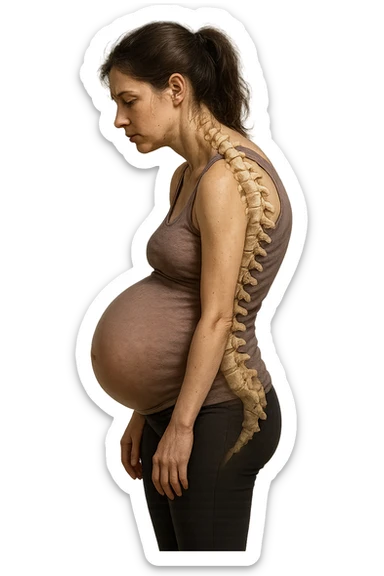 donna in gravidanza di profilo con spina dorsale in evidenza, postura storta, spalle chiuse in avanti, iperrealistica 4k sticker