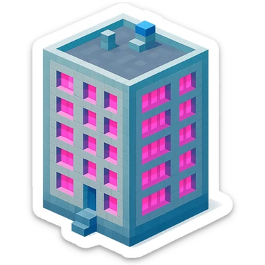 Russian panel apartment building, modern square block, light gray, windows with bright pink glow, isometric view sticker