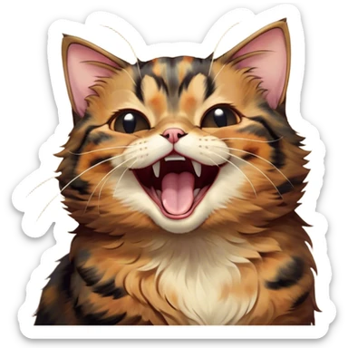 Cinematic Cute Yawning Tortoiseshell Cat Portrait Emoji, Head slightly tilted with a wide, adorable yawn and half-closed, dreamy eyes, featuring a warm, mottled fur of rich browns and blacks, simplified yet irresistibly cute, highly detailed, glowing with a soft, slumbering radiance, high shine, exuding a relaxed, drowsy charm, styled with a gentle, soft glowing outline, capturing the essence of a tortoiseshell cat in a precious moment of sleepy delight! sticker