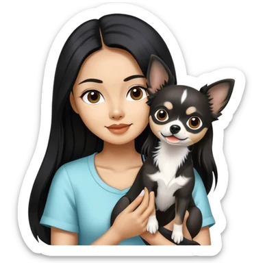 Thai woman with flowing black hair playing with a black and white Chihuahua dog sticker