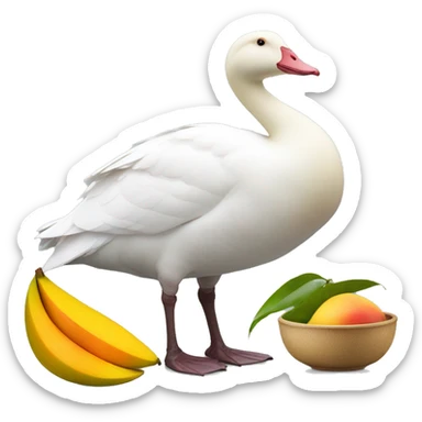 White goose and a bowl of mangos sticker
