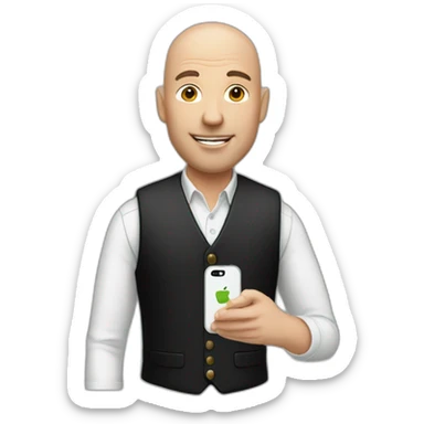 a bald man in a black jacket and vest, holding a white iPhone 14pro in his hand sticker