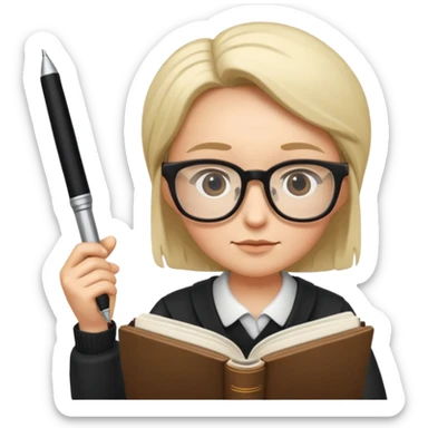 writer holding big pen in hand and closed book in other hand, wearing glasses sticker