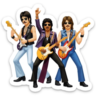 Icon for Rock Music: collage of iconic rock musicians—Klaus Meine, Jimi Hendrix, Kurt Cobain, Freddie Mercury, and Ozzy Osbourne—playing electric guitars and singing on stage. Capturing the powerful energy and rebellious spirit of rock. Transparent background. sticker