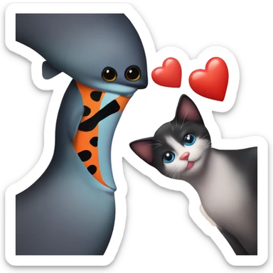 Clown fish kissing black cat with hearts  sticker