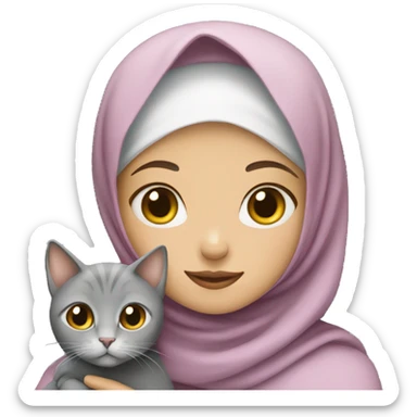 Girl with Hijab holds a grey cat sticker