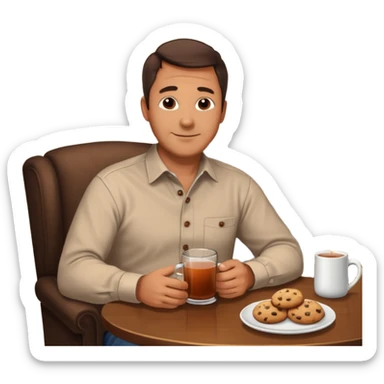 Cozy handsome 45 year old man sitting next to a nice fireplace with a hot apple cider, book, and plate of chocolate cookies. sticker