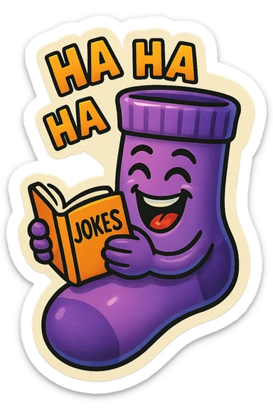 A purple sock with a laughing face, holding a joke book, representing laughter or humor. sticker