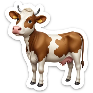 cinematic-[brown and white cow]-realistic-full-body-standing-emoji,-tail-flicking-lazily,-head-tilted-dramatically,-sleek-[brown and white]-coat,-simplified-yet-realistic-focused-features,-highly-detailed,-glowing-with-an-almost-sarcastic-glow sticker
