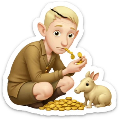 A hunched man with a greedy expression and a long nose counting his coins sticker