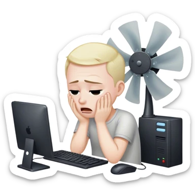 A guy on a pc with a fan on the roof and crying sticker