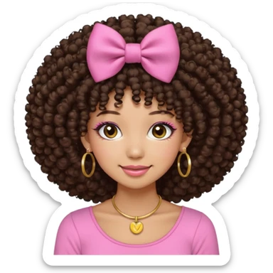 Naturally tan skin girl short darkBrown curly afropink shirt very long lashes hoop gold earrings Brown eyes gyaru smiling closed mouth cute non perfect circular afro. Pink bow hairclip sticker