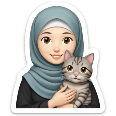 Asian White girl wearing hijab holding a black grey tabby cat while smiling.  sticker