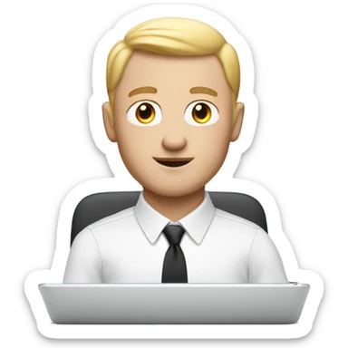 a white memoji man with a french crop behind a laptop sticker