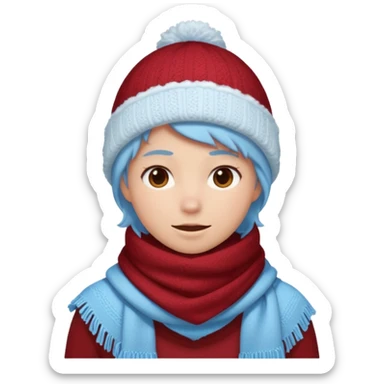Fantasy human portrait emoji, deep red winter scarf covered with light frost, cozy but cold winter mood, slightly rosy cheeks, icy blue shadows, clean minimal emoji style, male/female variant
 sticker