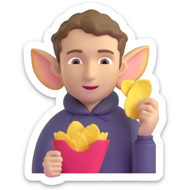 Man with short wavy hair, large ears, holding potato chips sticker