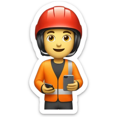 young guy with red bicycle helmet wearing a high visibility suit holding up a smart phone sticker