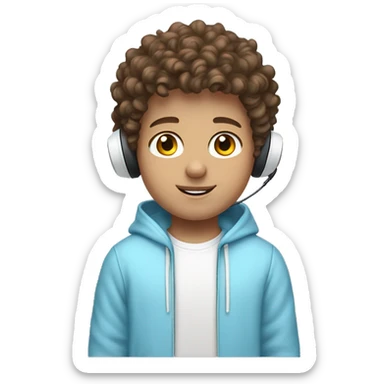 brown short curly haired brown eyed boy who is white and is wearing a white wireless headset and light blue hoodie sticker