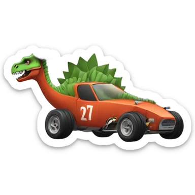 Dinosaur in race car with smoke coming out the end sticker