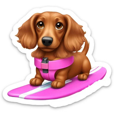 Long haired miniature dachshund red colour with pink collar on waterskis sticker