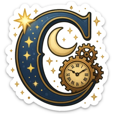 stylized letter C with celestial and time motifs, blending cartoon and realistic elements, inspired by Chronos and the gods of Olympus, just the letter C sticker