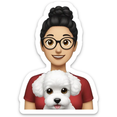 woman-black-hair-bun-with glasses-with bichon dog-white-smile-Christmas sticker