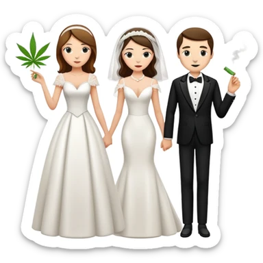 A bride in white wedding dress and groom in tuxedo, full body, smoking cannabis, side by side sticker