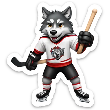 A wolf plays hockey in a black and white red uniform with a wolf emblem on his chest sticker