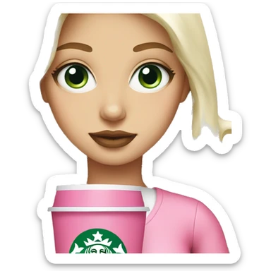 platinum blonde with green eyes drinking pink starbucks wearing a pink bow sticker