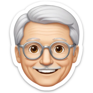 người đàn ông 60 tuổi, da trắng, tóc bạc, mặt cười tươi vui vẻ, đeo kính sticker