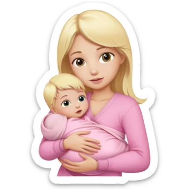 Blonde girl holding a new born baby while the baby is wrapped in pink. sticker