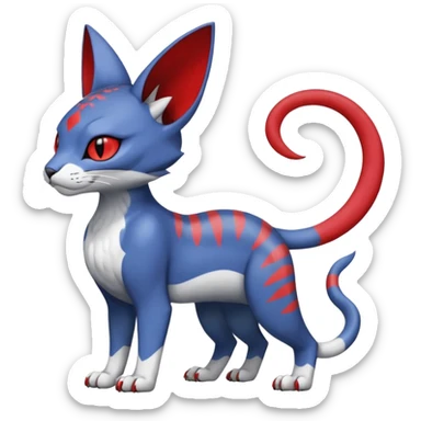 Dark-greyish-blue-grey-black, with red markings, white belly, scaley Bastet-Noibat-Gatomon-Digimon-Fakémon-Pokémon-creature (full body) sticker